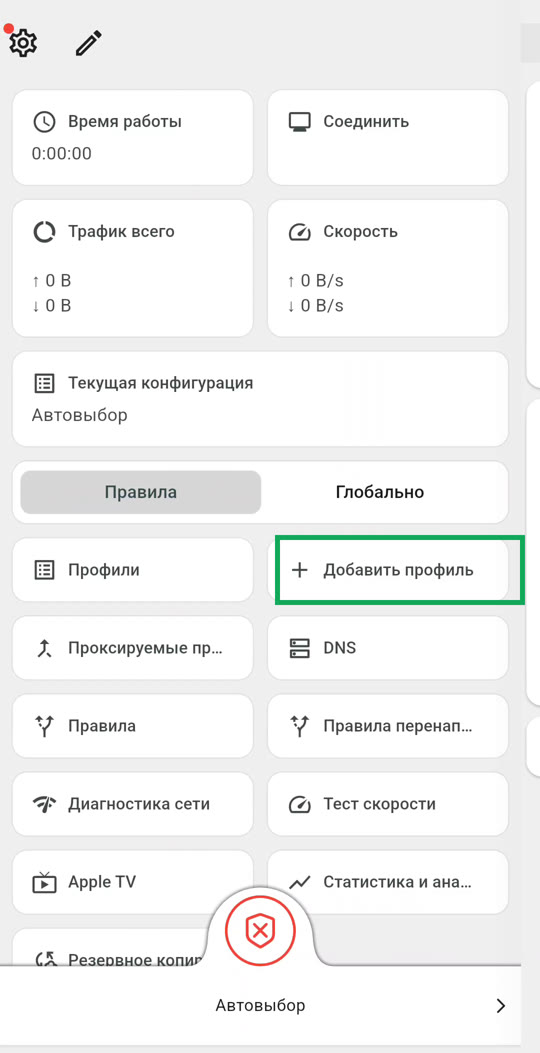 Главный экран Karing, обведена кнопка Добавить профиль