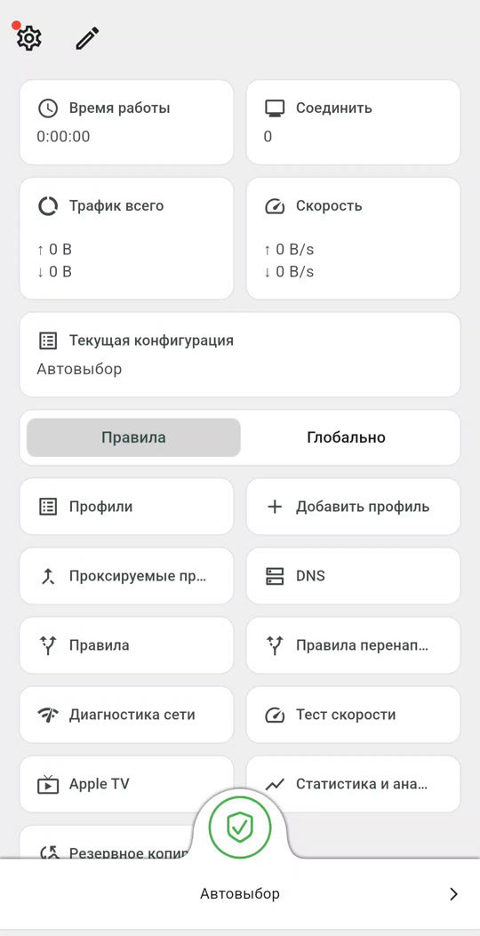 Главный экран Karing, кнопка зелёная, подключение включено